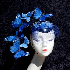 Any Color Dramatic, Adjustable  Veiled Blue Butterfly Pillbox Cocktail Hat- For Races, Weddings, Derby, Ascots, Ladies Day, Bridal, Wedding