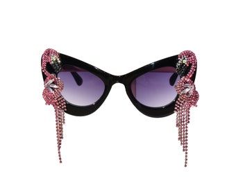 Black and Pink Rhinestone Cat Eye Sunglasses Good Times Eyewear Rhinestone Cat Eye Sunglasses - Black  main image 2