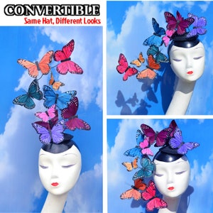 Multi-color Rainbow Red, Orange, Green, Pink, Blue, Purple Butterfly Feather Fascinator Hat Gay Pride Bridal LGBTQ Drag Derby Racing Hat