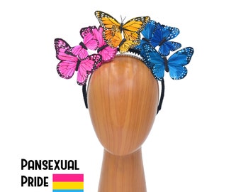 Fierté pansexuelle | Bandeau papillon rose, jaune, bleu | Chapeau bibi plume, diadème de coiffure hatinator - fierté LGBT, baby shower