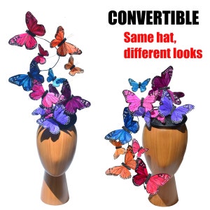 Multi-color Convertible Rainbow Red Orange Pink Blue Purple Butterfly Feather Fascinator Hat Gay Pride Bridal LGBTQ Drag Derby Racing Hat