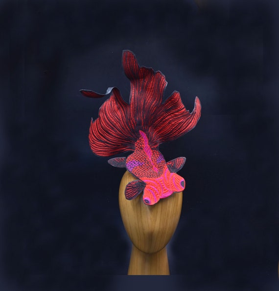 Dramatic Swimming Red Goldfish Headdress Red Fascinator Hat Surreal  Floating Fish Hat Ocean Costume Red & Black Chinese New Year 