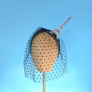 Gold or Silver French Eiffel Tower Fascinator Hat with Dotted Veiling Paris France Pinup, Burlesque, Bastille, Kawaii