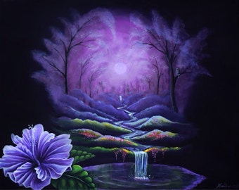 Estampados de fantasía, estampados mágicos, paisaje púrpura, estampados de hawaii, estampados de flores