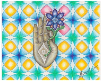 Visionary art print, sacred geometry print, reiki healing print, hand print, flower of life print, fantasy art print, fantsy print