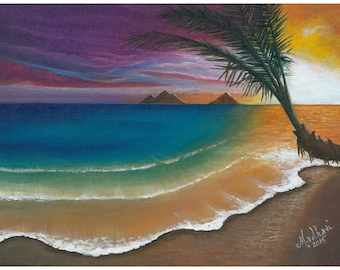 Hawaii sunrise print, hawaiian beach print, magical art prints, tropical beach prints, tropical sunrise, hawaii art,