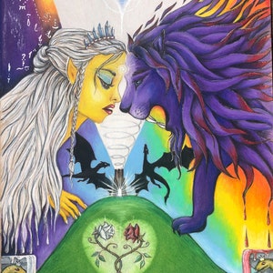 May include: A painting depicting a woman with white hair and a crown facing a purple lion. The background is a rainbow of colors with two black dragons in the center. The woman and lion are facing each other with their foreheads touching. There are two roses, one white and one red, growing from a green heart shape.