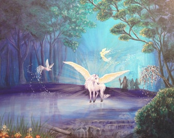 Pegasus print, enchanted forest print, fantasy art print, nature print, fantasy landscape print, wings,