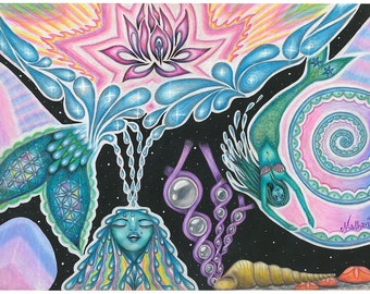 Visionary art print, sacred geometry print, Spiritual art print, mermaid art print, fantasy art print, spiritual gifts, goddess print