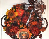 Halloween Autumn Basket Door Wreath with Cat