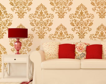 Damask Wall stencil pattern Ludovica for DIY Home decor, Wallpaper Look