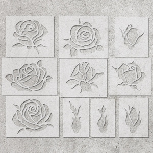 Puede incluir: Un conjunto de 10 plantillas de rosas para manualidades y decoración. Las plantillas están hechas de plástico duradero y presentan varios diseños de rosas, incluyendo rosas individuales, capullos de rosas y rosas en plena floración.