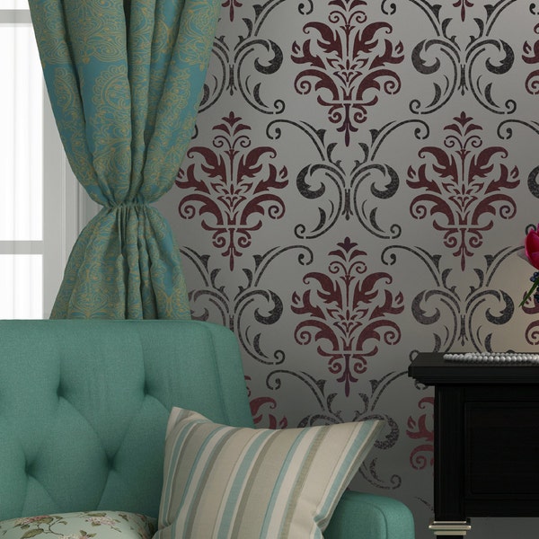 Motif de pochoir mural Damask Allover Carol réutilisable pour la décoration murale et plus encore