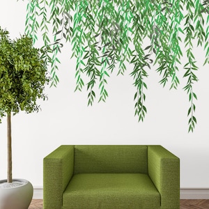 Op de afbeelding: Een groene bank met een witte muur erachter. Een groene, bladerrijke plant staat in een pot aan de linkerkant van de afbeelding. Een groene, bladerrijke wijnstok hangt aan de bovenkant van de muur.