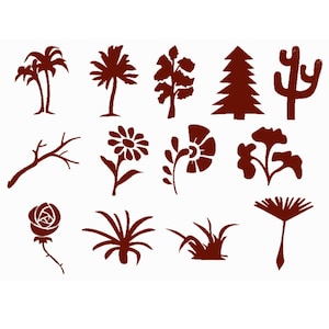 May include: A set of 12 brown silhouette images of various trees, plants, and flowers. The images include a palm tree, a cactus, a pine tree, a rose, a daisy, and a fern.