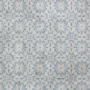 May include: A seamless pattern of blue floral designs on a white background. The pattern is reminiscent of a vintage wallpaper or fabric.