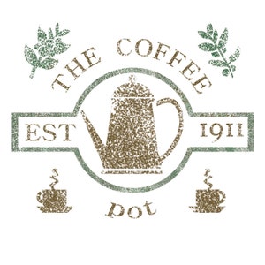 May include: A vintage-style logo for a coffee shop called "The Coffee Pot" established in 1911. The logo features a brown coffee pot, two coffee cups, and green leafy branches.