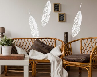 Bohemian Feather Wall Stencil, Reusable stencils for home interior decor