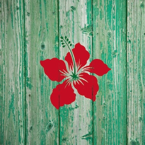 May include: A red hibiscus flower painted on a weathered green wooden surface.
