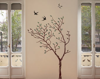 Large Tree with Birds Wall Stencil - Reusable stencil for better than wallpaper