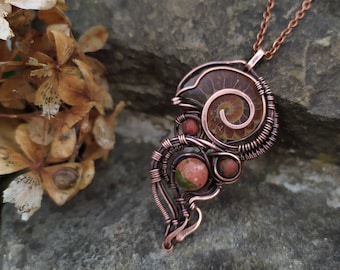Ammonite pendant Handmade artisan necklace Wrapped Boho necklace Boho jewelry Wirewrapped necklace heady Wirewrap pendant  Crystmas gift