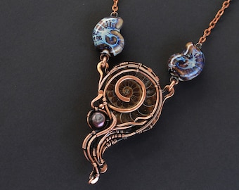 Ammonite necklace Wire wrapped pendant  Wire wrapped jewelry Copper necklace 7th Annyversary Gift Ceramic summer necklace Heady wire wrap