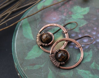 Wire wrap earrings Copper earrings Bronzite earrings Circle geometric earrings  Handmade earrings Coper jewelry Mother gift Wirewrap jewelry