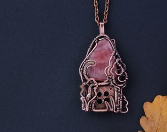 Rhodochrosite pendant  Wirewrap necklace Wirewrapped jewelry Woodland handmade necklace Copper necklace Gemstones pendant Christmas Gift