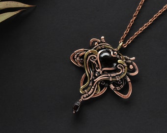 Garnet pendant Wire wrapped jewelry Mix metal pendant Wire wrap necklace Wirewrapped jewelry Wirewrap pendant Copper jewelry Flower pendant