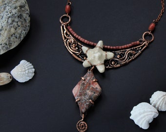Jasper necklace Ceramic Boho Heady wire wrap  Boho necklace Wire wrapped necklace Woodland nacklace Copper pendant Sea inspired necklace
