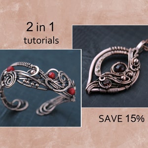 May include: Two wire wrapped jewelry pieces, a bracelet and a pendant, both with red and brown stones. The text "2 in 1 tutorials" and "SAVE 15%" is visible in the image.