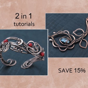 Op de afbeelding: Twee draadgewikkelde sieraden tutorials, een voor een armband met rode kralen en een voor een ketting met een grijze steen. De tekst "2 in 1 tutorials" en "SAVE 115%" is zichtbaar in de afbeelding.