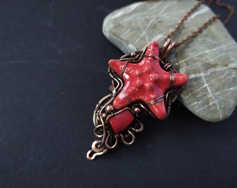 Starfish Pearls pendant  Wire wrap necklace Ceramic coral necklace Wire wrapped jewelry Jewelry for her Copper pendant handmade necklace