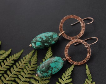 Metalwork turquoise earrings, copper earrings, round earrings, copper, circle copper earrings Hammered earrings Mother  gift