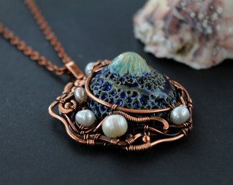 Ceramic shell artisan necklace Copper sea inspired pearls pendant Wire wrap necklace Copper artisan boho pendant Copper wedding gift for her