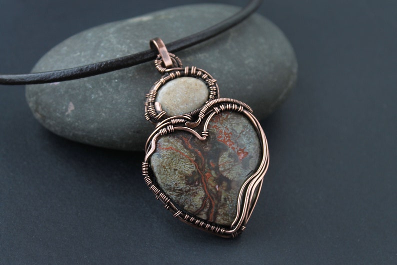 Wire wrapped jewelry Heart Agate pendant Wire wrapped pendant Big stone pendant Copper necklace Boho necklace Christmas gift Mother gift