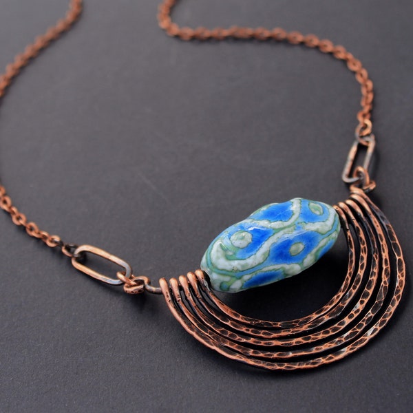 Copper pendant Textured metal necklace Ceramic necklace Wire wrapped jewelry Jewelry for her Boho rustic pendant Handmade necklace Gift