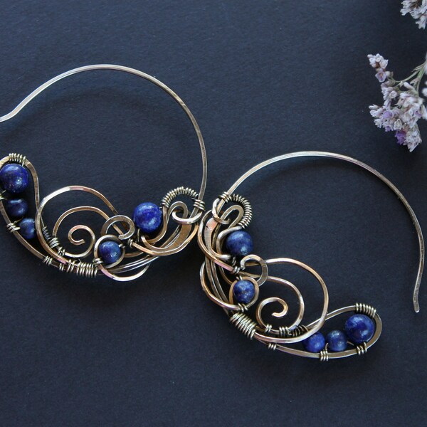 Mix metal earrngs ,Wire wrap earrings, Lapis Lazuli  earrings,  Long earrings, Orignal earrngs, Original earrings, Gift for her