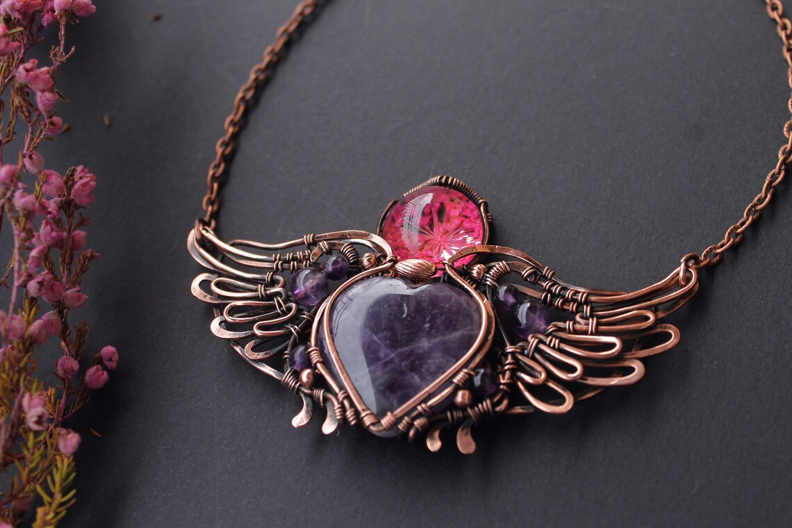 Amethyst Wings Pendant Wire Wrap Necklace Wire Wrap Wings Etsy