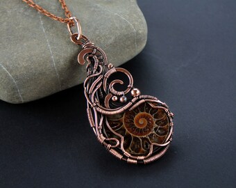 Ammonite necklace Big stone necklace Heady wirewrap necklace Seainspired jewelry Copper boho necklace Wire wrapped necklace Mother gift