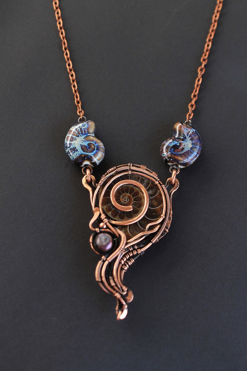 Ammonite necklace Wire wrapped pendant Wire wrapped jewelry Copper necklace 7th Annyversary Gift Ceramic summer necklace Heady wire wrap image 2