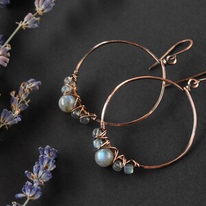 Labradorite earrings Copper Metalwork earrings Circle Rustic earrings  Elegant jewelry Long light earrings Geometric earrings Gift for her