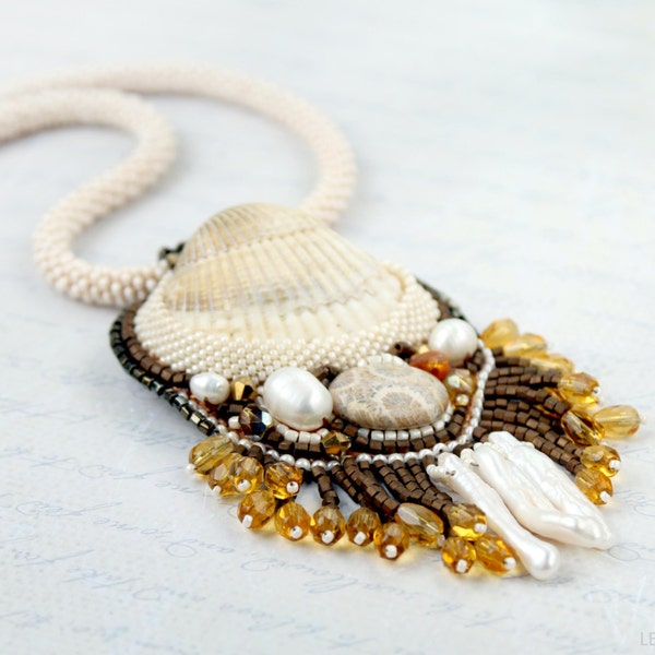 Sea shell necklace Beads Embroidered pendant  Beadwork jewelry  Beaded necklace Crochet beads necklace Brown beige necklace Summer necklace