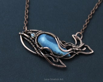 Whale pendant Wire wrapped pendant Blue opal pendant Unusual necklace Wire wrap jewelry Copper Wire weaved necklace Heady Wirewrap jewelry
