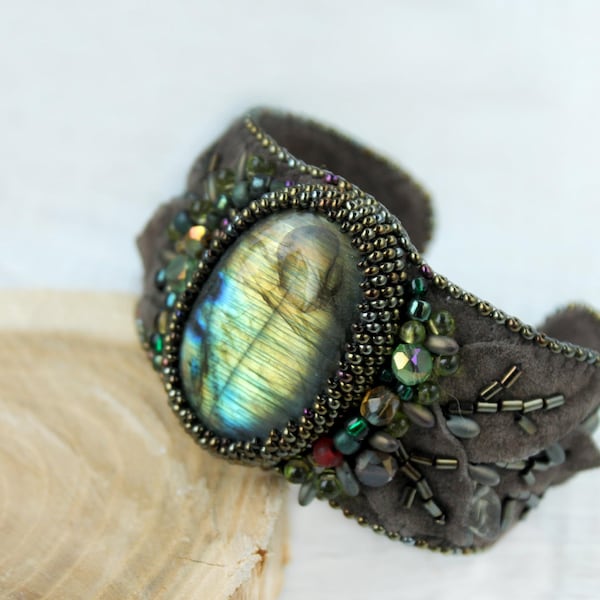 Labradorite embroidered bracelet Beadwork  bracelet ,cuff braceletOOAK bracelet Boho bracelet Boho jewelry Gift for her Gemstone bracelet