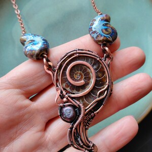 Ammonite necklace Wire wrapped pendant Wire wrapped jewelry Copper necklace 7th Annyversary Gift Ceramic summer necklace Heady wire wrap image 6