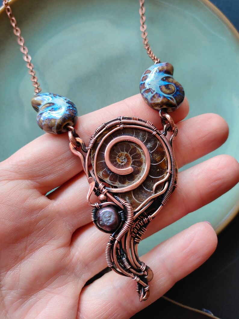 Ammonite necklace Wire wrapped pendant Wire wrapped jewelry Copper necklace 7th Annyversary Gift Ceramic summer necklace Heady wire wrap image 6