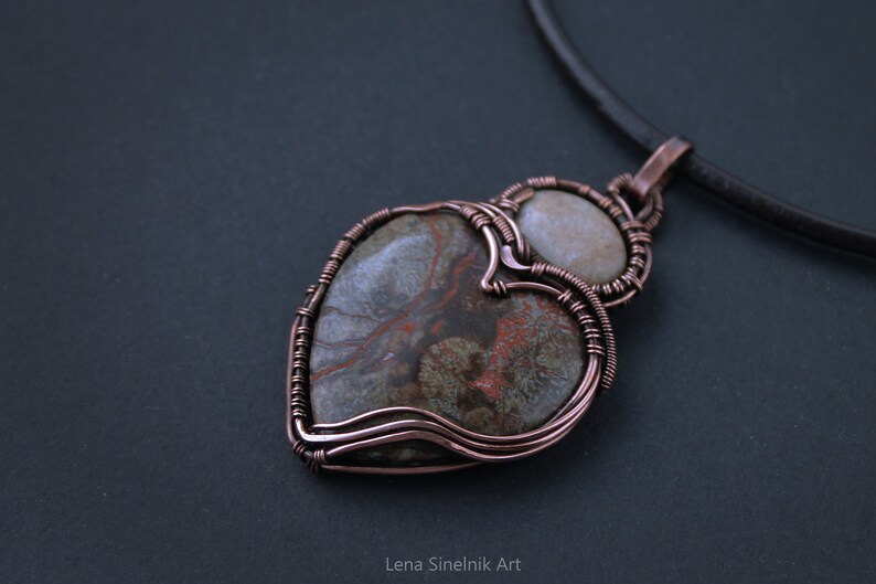 Wire wrapped jewelry Heart Agate pendant Wire wrapped pendant Big stone pendant Copper necklace Boho necklace Christmas gift Mother gift
