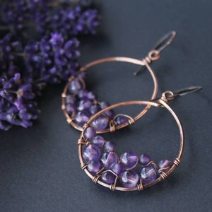 Amethyst earrings Wire wrapped  earrings Hammered copper Circle Metalwork earrings Wire wrapped jewelry earrings Gift for her