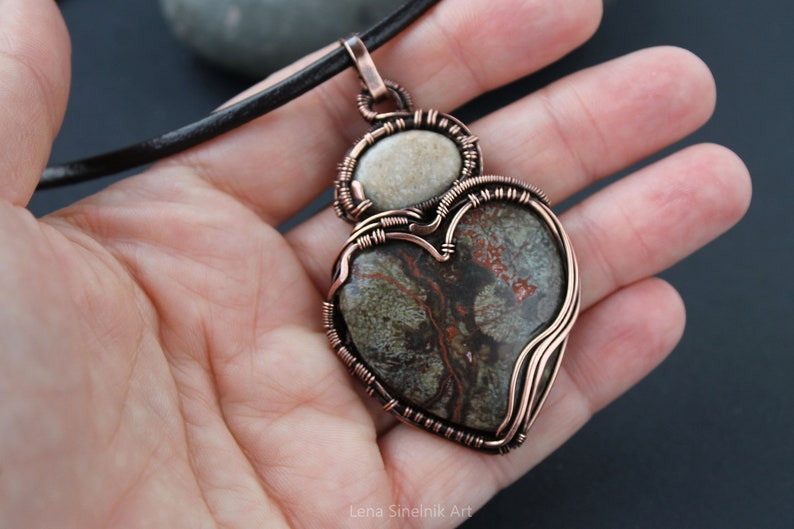 Wire wrapped jewelry Heart Agate pendant Wire wrapped pendant Big stone pendant Copper necklace Boho necklace Christmas gift Mother gift